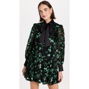 Alice + Olivia Rowen Bow Neck Blouson Sleeve Tiered Mini Dress - S